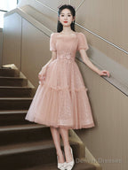 Pink Tulle Sequins Sweetheart Short Prom Dress, Pink Short Sleeve Party Dress