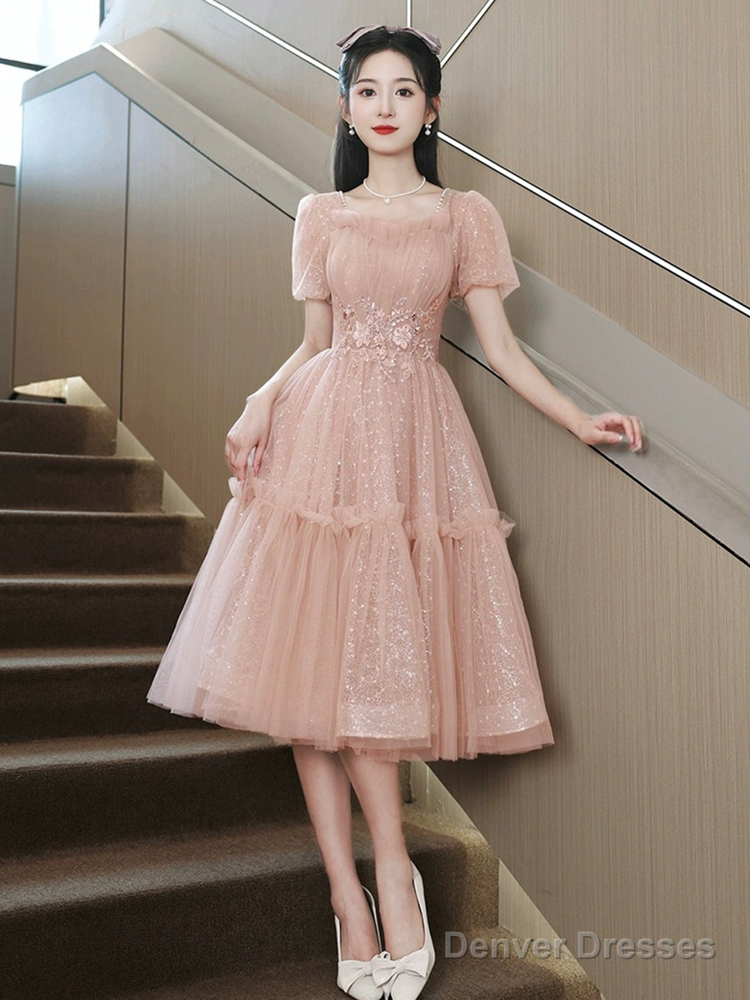 Pink Tulle Sequins Sweetheart Short Prom Dress, Pink Short Sleeve Party Dress