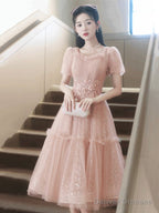 Pink Tulle Sequins Sweetheart Short Prom Dress, Pink Short Sleeve Party Dress