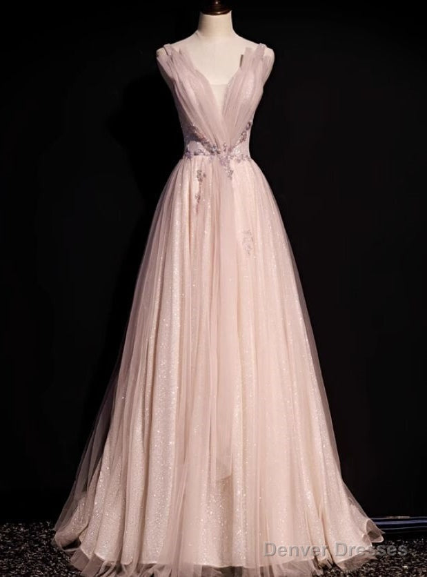 Pink Tulle Sequins V-neck Beading Prom Dress Main image