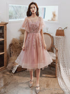 Pink Tulle Short Formal Dress With Lace, Pink Homecoming Dress