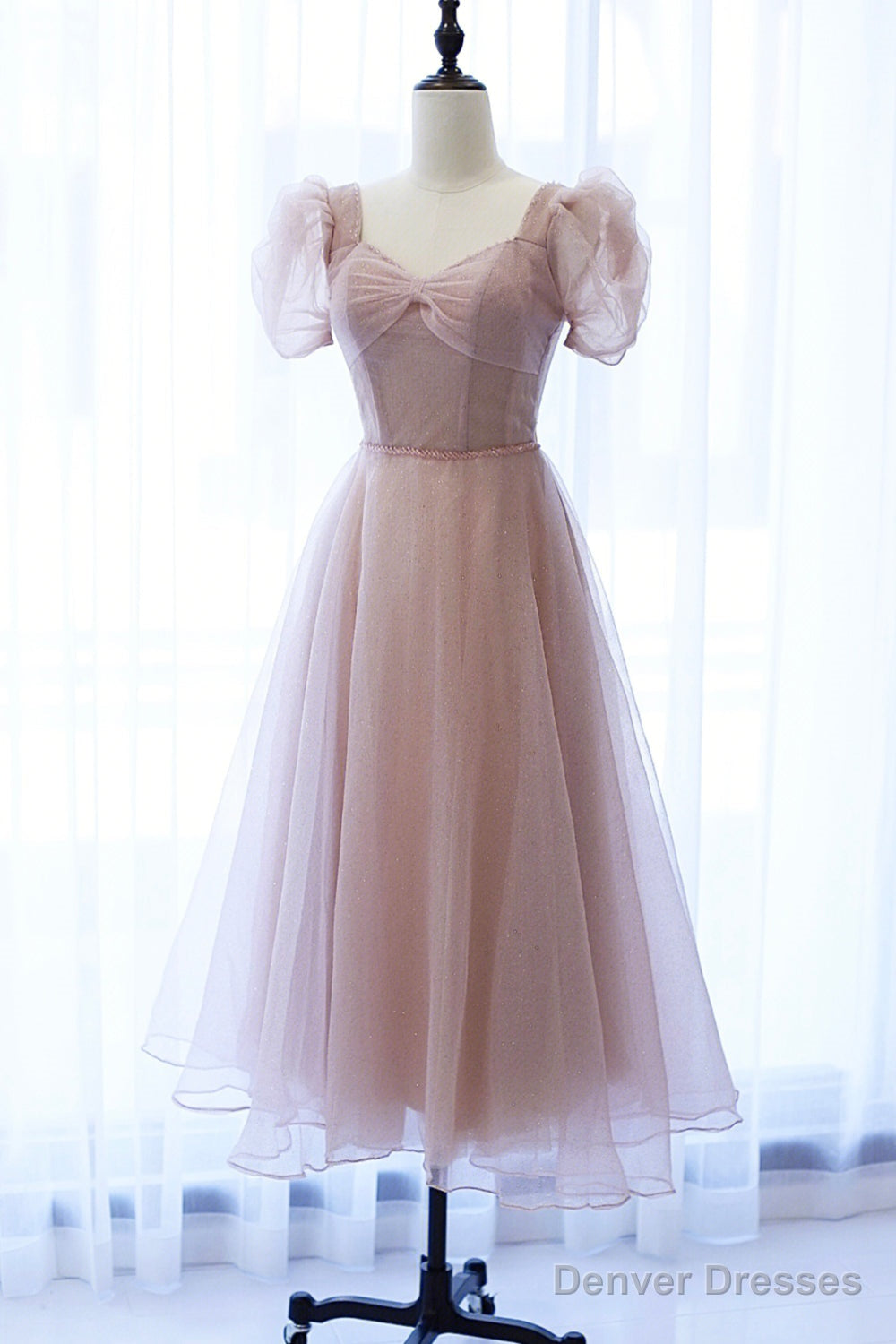 Pink Tulle Short Prom Dress, Cute Short Sleeve Party Dress Main image