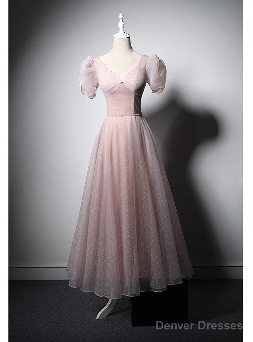 Pink Tulle Short Sleeve Prom Dress Main image