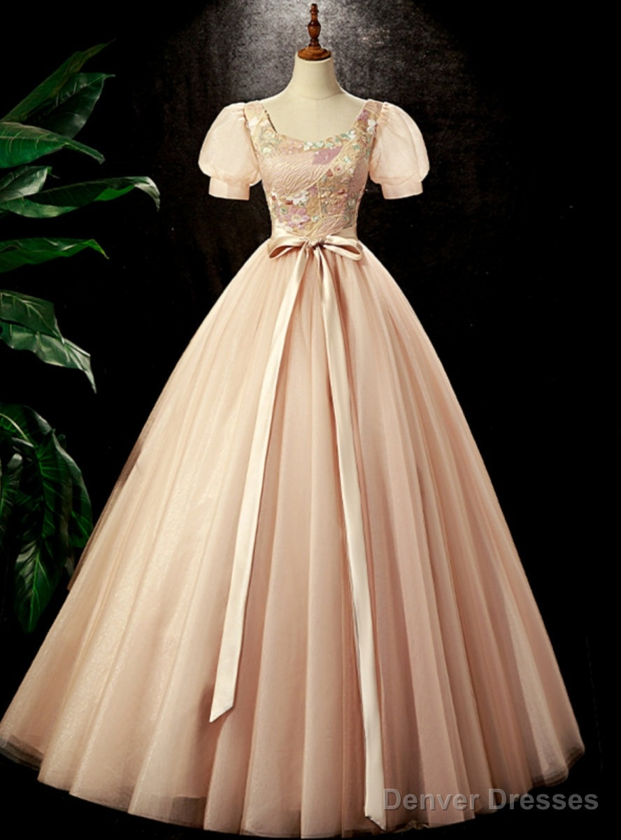 Pink Tulle Short Sleeve Square Neck Appliques Quinceanera Dress Main image