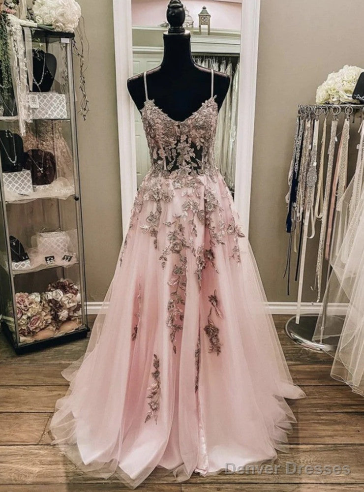Pink Tulle Spaghetti Straps Appliques Prom Dress Main image