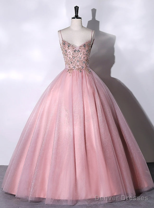 Pink Tulle Spaghetti Straps Beading Quinceanera Dress Main image