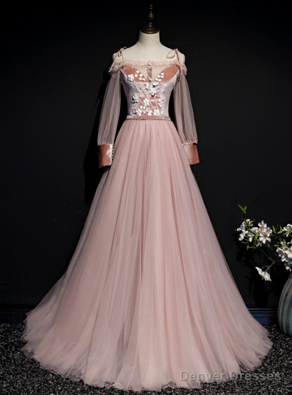 Pink Tulle Spaghetti Straps Long Sleeve Appliques Prom Dress Main image