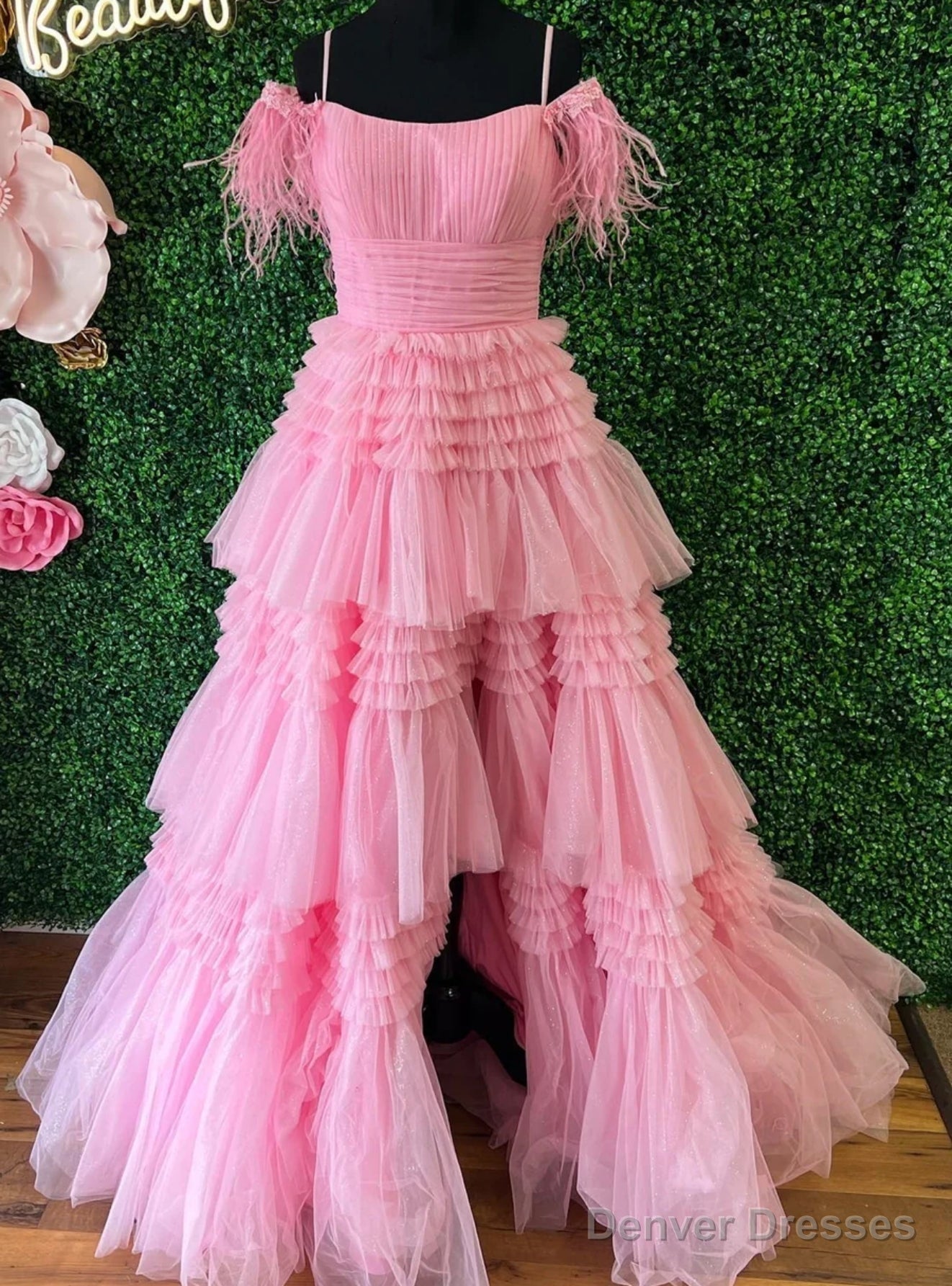 Pink Tulle Spaghetti Straps Pleats Feather Prom Dress Main image