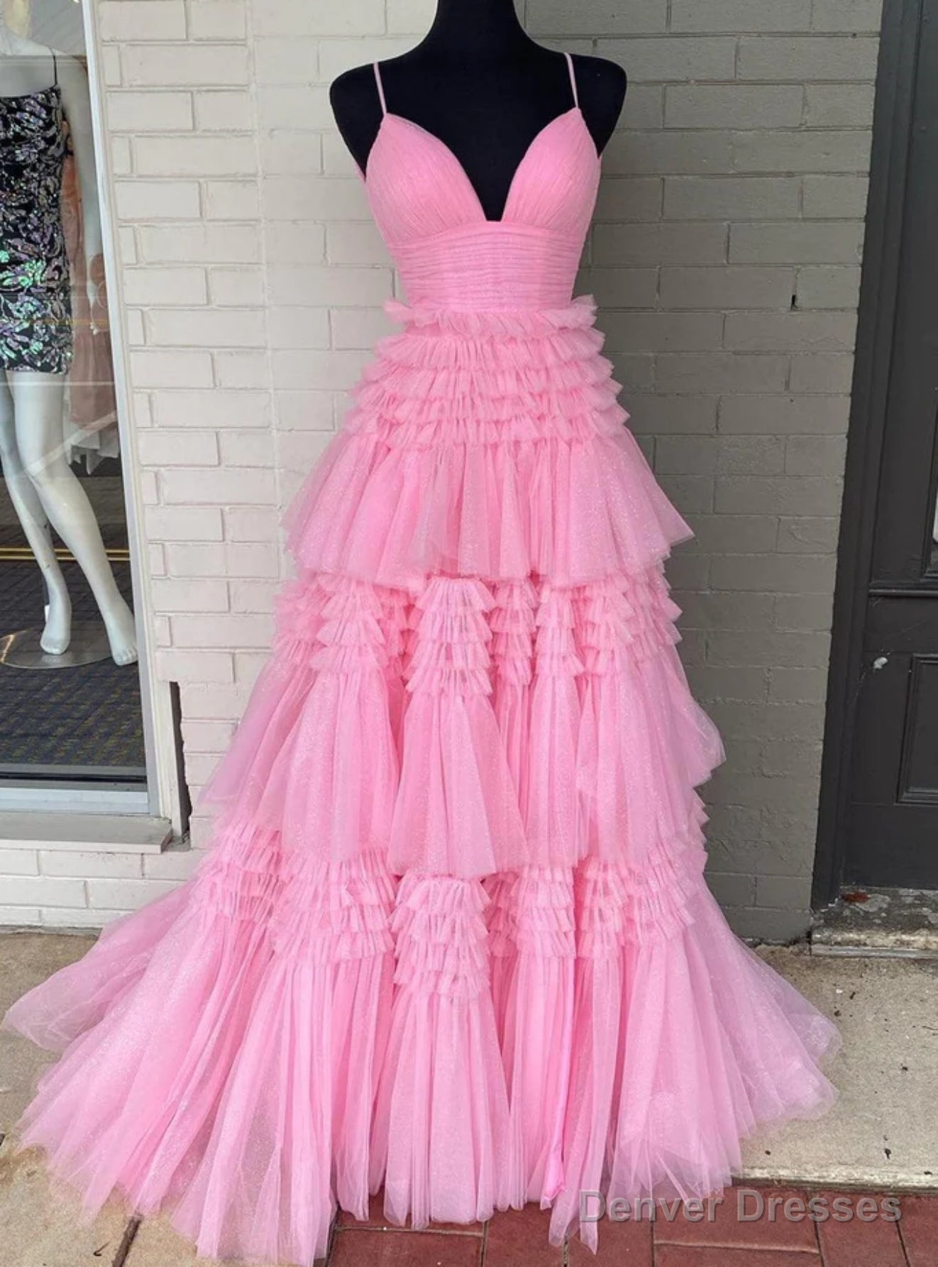 Pink Tulle Spaghetti Straps Tiers Prom Dress Main image