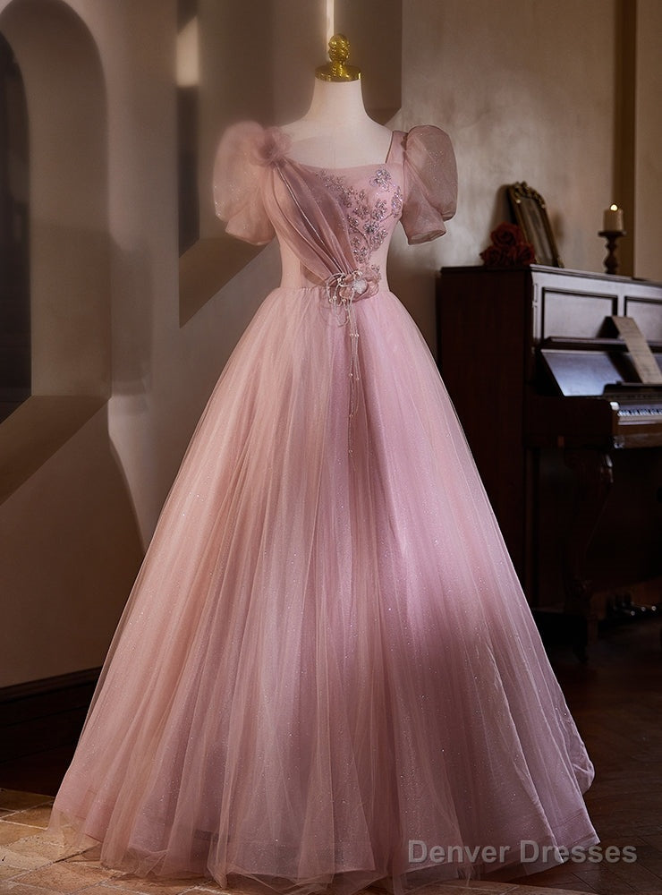 Pink Tulle Square Neck Short Sleeve Beading Prom Dress Main image