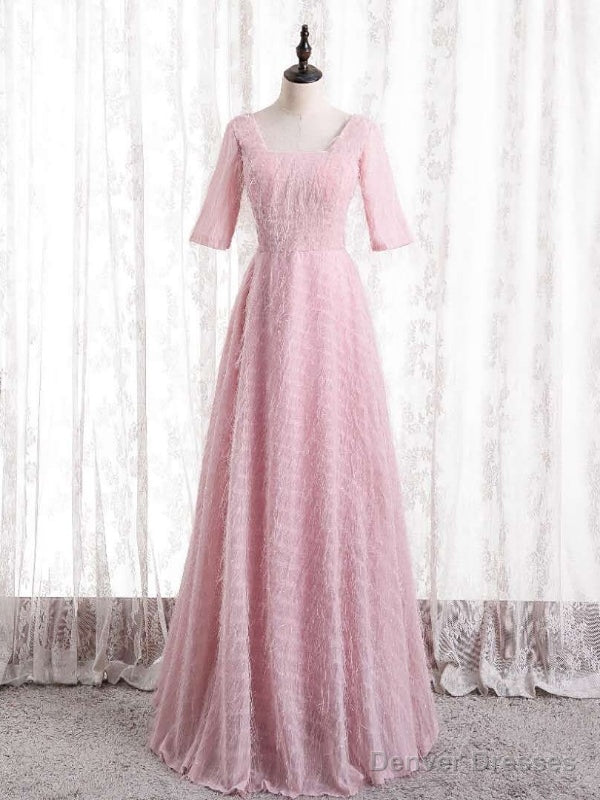 Pink Tulle Square Short Sleeve Prom Dress Main image