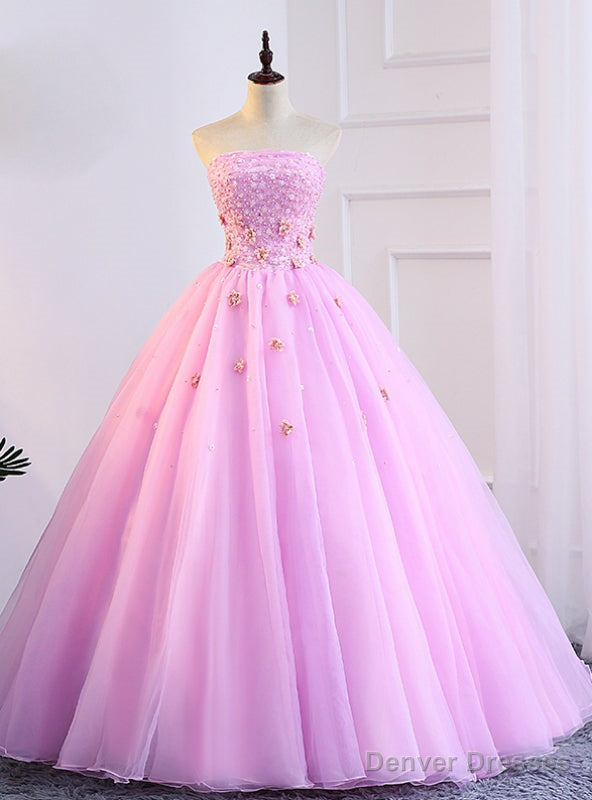 Pink Tulle Strapless Appliques Sweet 16 Quinceanera Dresses With Pearls Main image