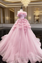 Pink Tulle Strapless Ball Gown With 3D Flowers