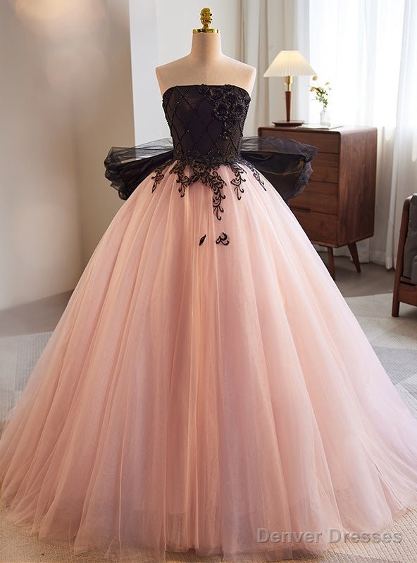 Pink Tulle Strapless Black Appliques Beading Prom Dress Main image