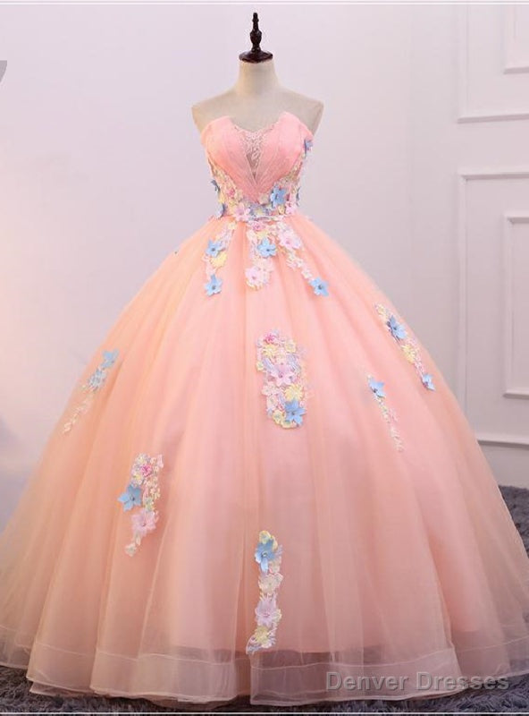 Pink Tulle Strapless Colorful Appliques Quinceanera Dress Main image