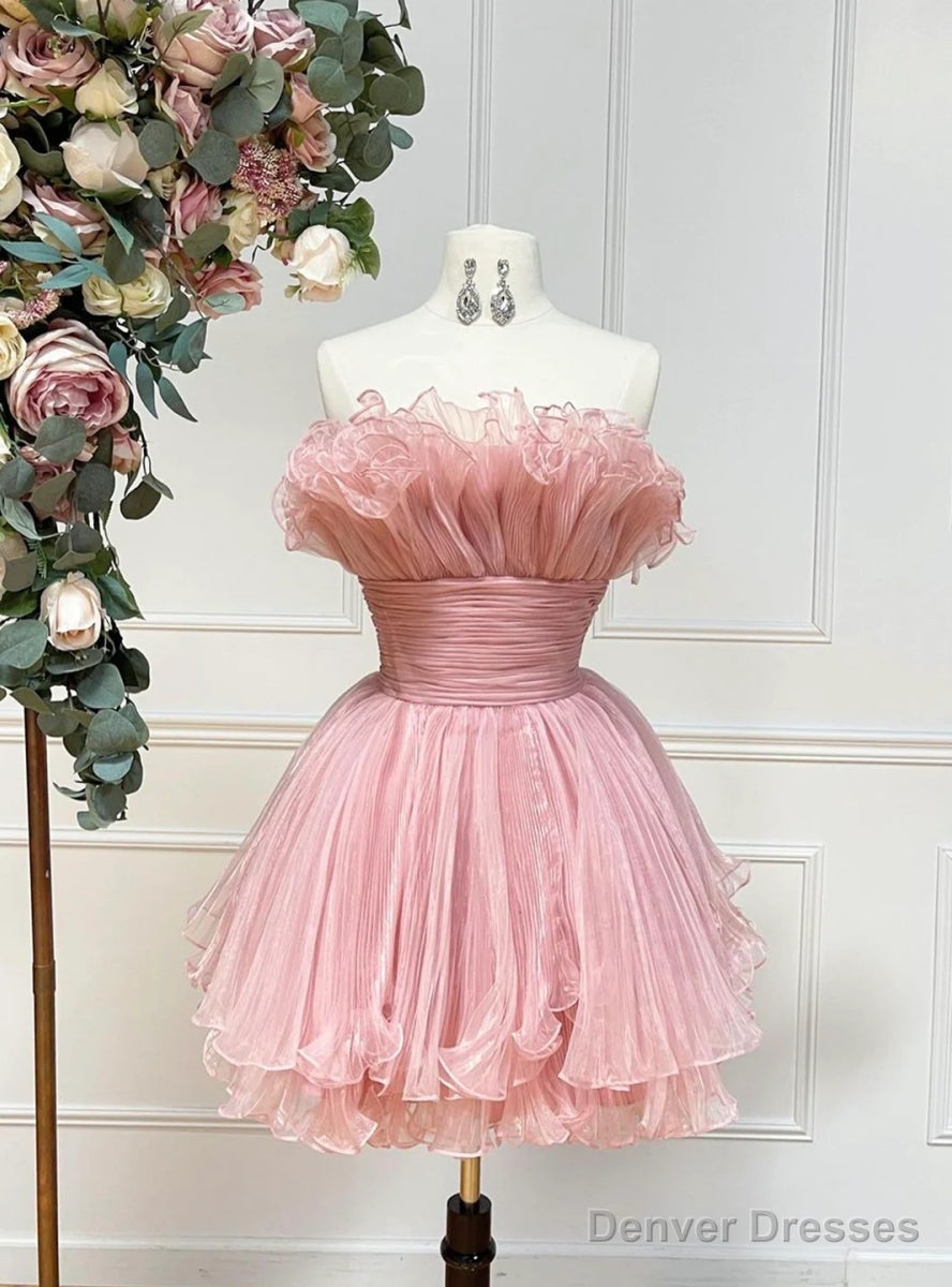 Pink Tulle Strapless Pleats Homecoming Dress Main image