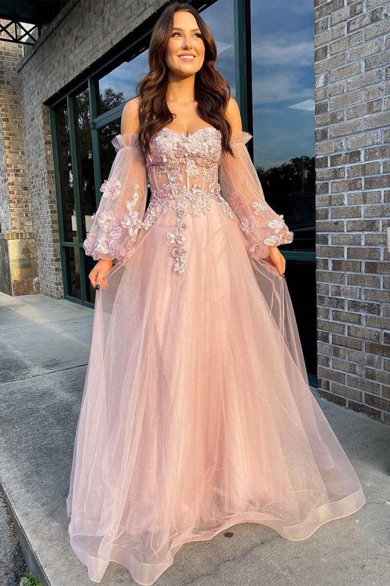 Pink Tulle Strapless Puff Sleeve A-Line Prom Dress