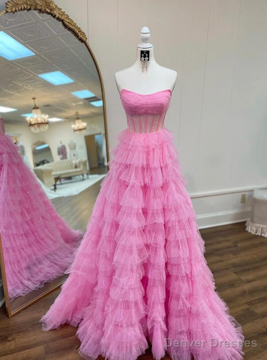 Pink Tulle Strapless Tiers Sequins Prom Dress Main image