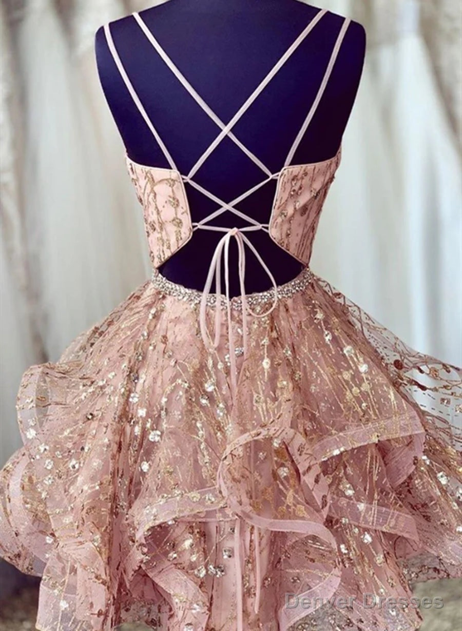 Pink Tulle Straps Lace-up Short Prom Dress Homecoming Dress, Pink Party Dress Secondary image