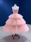 Pink Tulle Straps Tiers Beading Short Prom Dress