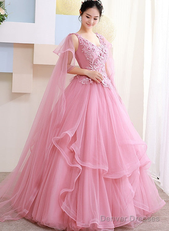 Pink Tulle Sweet 16 Party Dress With Lace Applique Formal Dress, Pink Quinceanera Dresses Main image