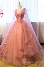 Pink Tulle Sweet 16 Party Dress With Lace Applique, Long Formal Gown