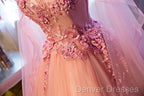 Pink Tulle Sweet 16 Party Dress With Lace Applique, Long Formal Gown
