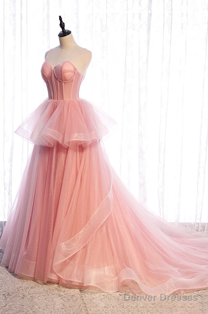 Pink Tulle Sweetheart Straps Long Formal Dresses, Pink Layers Party Dresses Secondary image