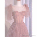 Pink Tulle Sweetheart Tulle With Pearls A-Line Prom Dress, Pink Long Evening Dress