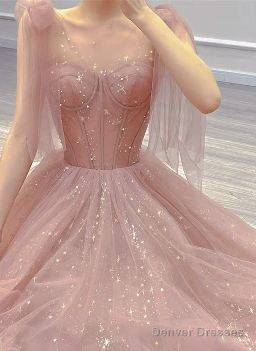 Pink Tulle Sweetheart Tulle With Pearls A-Line Prom Dress, Pink Long Evening Dress Main image