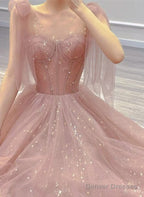 Pink Tulle Sweetheart Tulle With Pearls A-Line Prom Dress, Pink Long Evening Dress