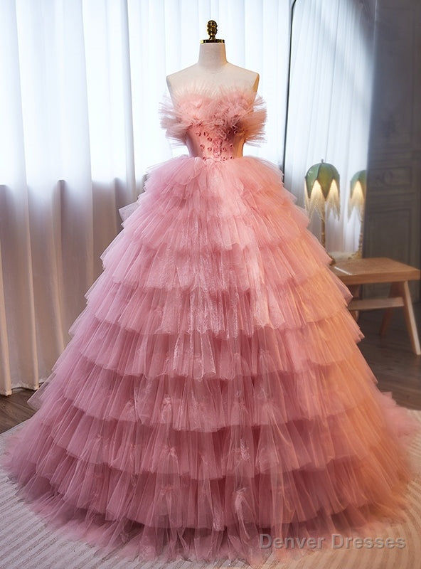 Pink Tulle Tiers Strapless Flower Prom Dress Main image