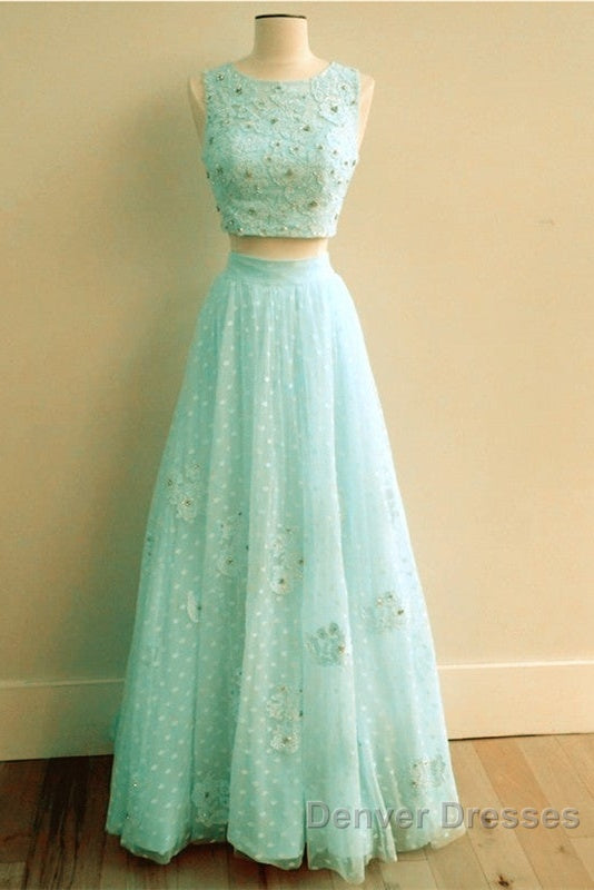 Pink Tulle Two Piece Prom Dress Lace Crop