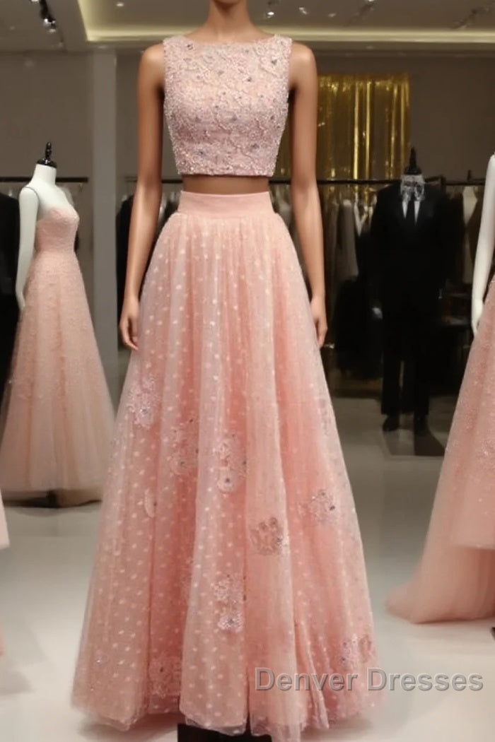 Pink Tulle Two Piece Prom Dress Lace Crop Main image