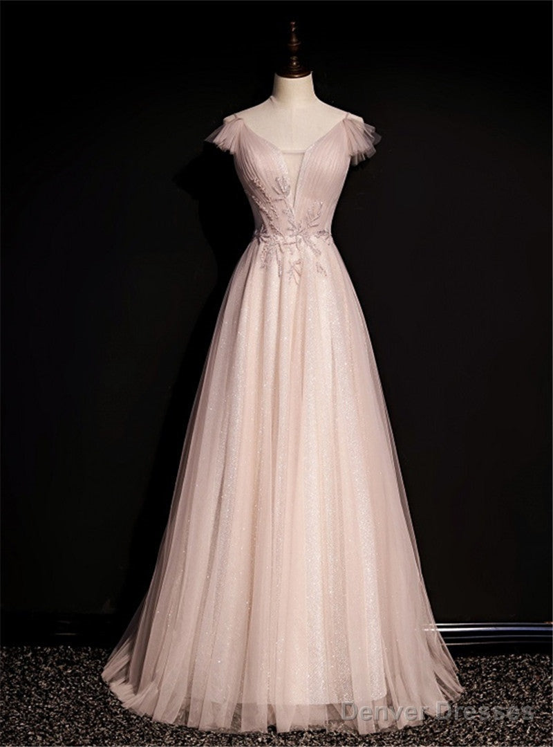 Pink Tulle V-neck Pleats Beading Backless Prom Dress Main image