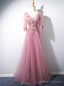 Pink Tulle V-neck Short Sleeve Appliques Beading Prom Dress