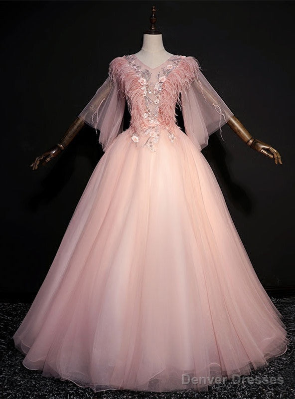 Pink Tulle V-neck Short Sleeve Feather Appliques Quinceanera Dress Main image