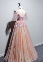 Pink Tulle V-Neckline Off Shouler Chic Long Party Dress, Pink Formal Dress