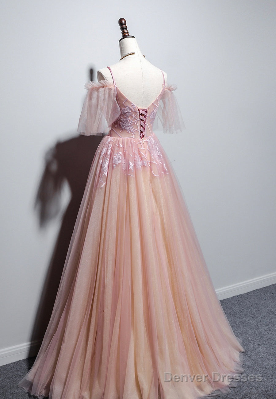 Pink Tulle V-Neckline Off Shouler Chic Long Party Dress, Pink Formal Dress Secondary image