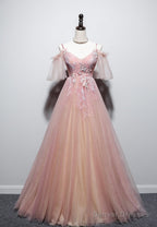 Pink Tulle V-Neckline Off Shouler Chic Long Party Dress, Pink Formal Dress