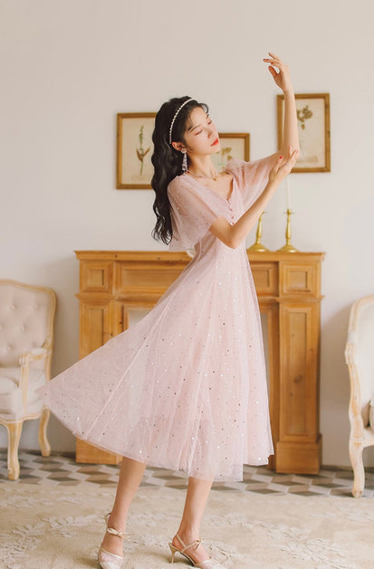 Pink Tulle V-Neckline Tea Length Homecoming Dress, Cute Pink Short Prom Dress Secondary image