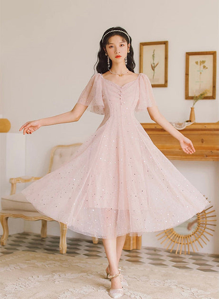 Pink Tulle V-Neckline Tea Length Homecoming Dress, Cute Pink Short Prom Dress Main image