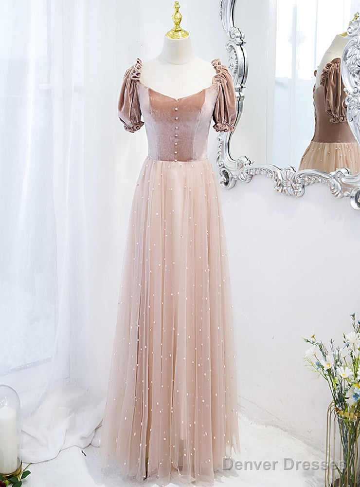 Pink Tulle Velvet Square Short Sleeve Prom Dress Main image