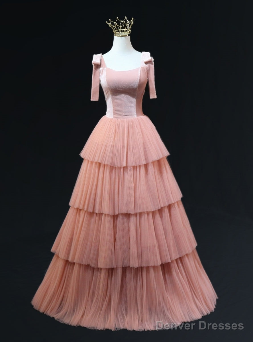 Pink Tulle Velvet Tiers Straps Prom Dress Main image