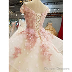 Pink Tulle with Flowers and Beaded Long Party Dress, Pink Sweet 16 Gown