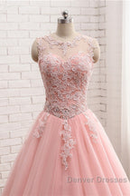 Pink Tulle With Lace Applique Ball Gown Open Back Evening Gown, Pink Formal Dress