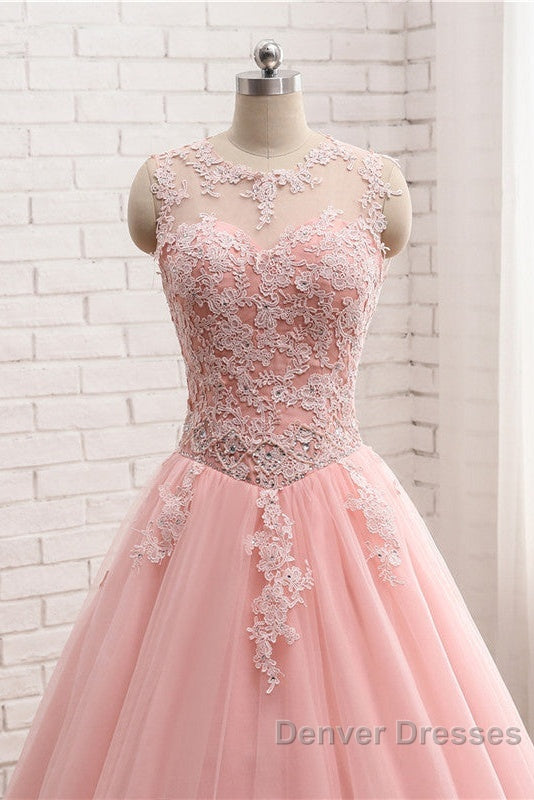 Pink Tulle With Lace Applique Ball Gown Open Back Evening Gown, Pink Formal Dress