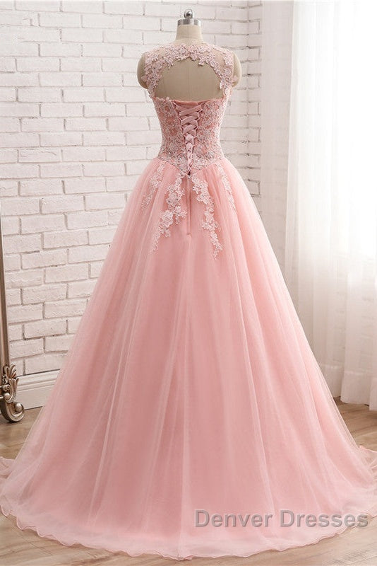 Pink Tulle With Lace Applique Ball Gown Open Back Evening Gown, Pink Formal Dress