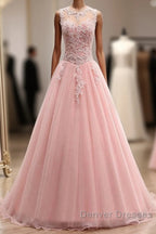 Pink Tulle With Lace Applique Ball Gown Open Back Evening Gown, Pink Formal Dress