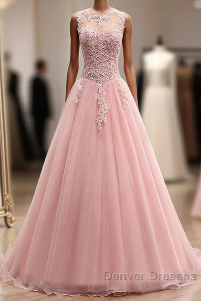Pink Tulle With Lace Applique Ball Gown Open Back Evening Gown, Pink Formal Dress